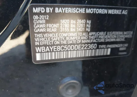 2013 BMW 750Li from USA, damaged, VIN WBAYE8C50DDE22360